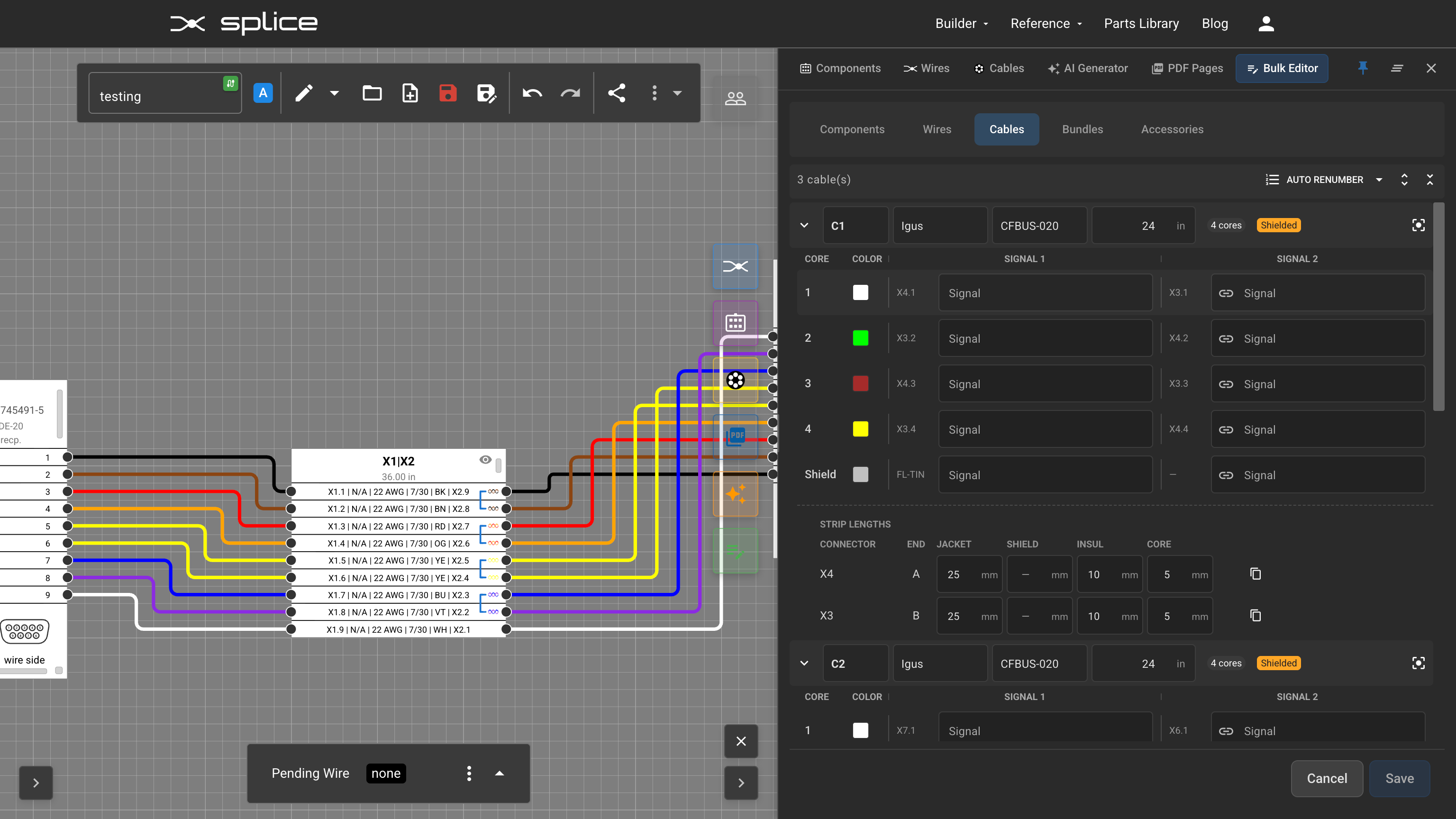 Cables tab showing cable cores with color swatches, signal labels, and strip length schedule.