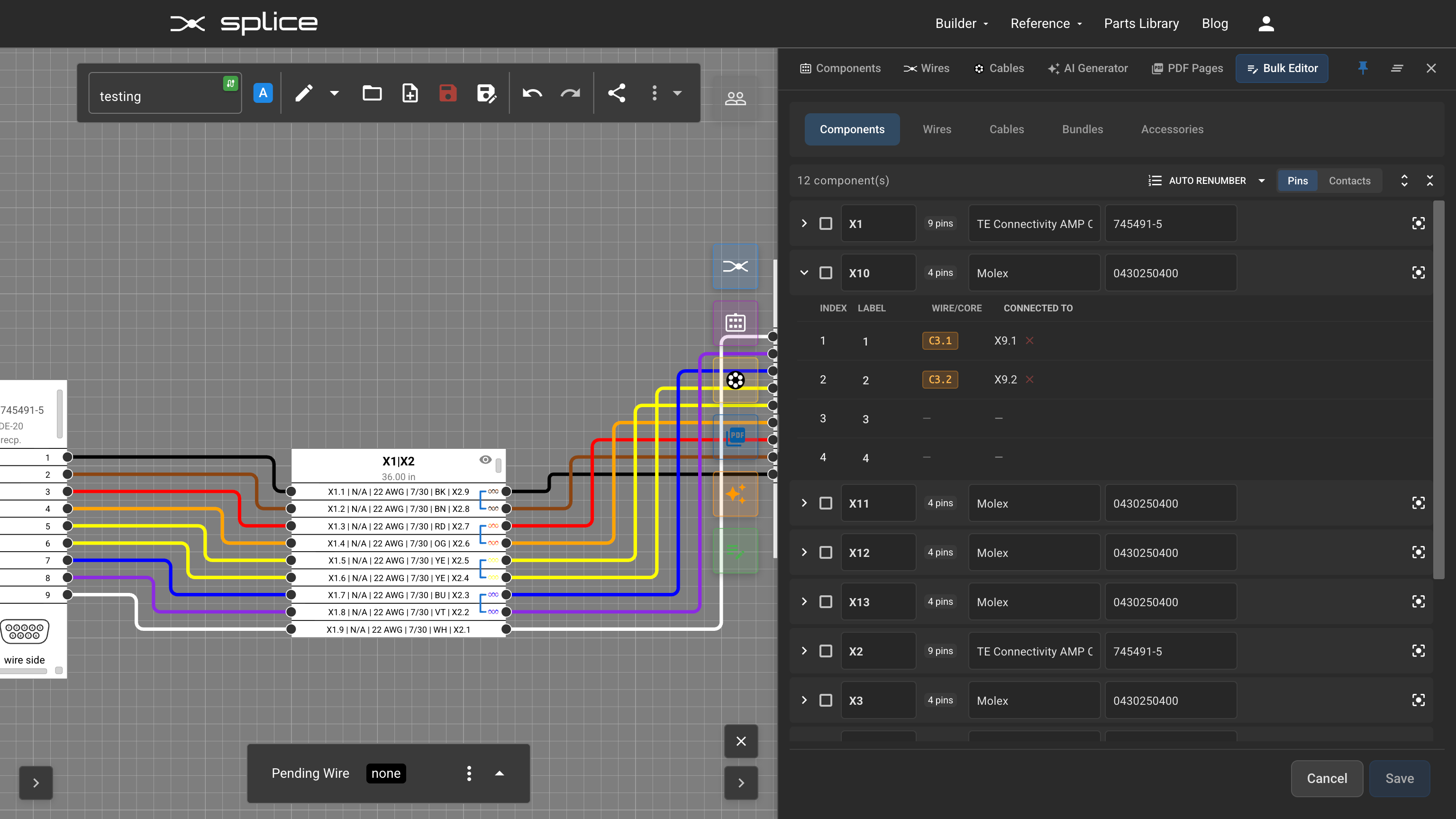 Components tab Pins view showing connectors with expandable pin tables.