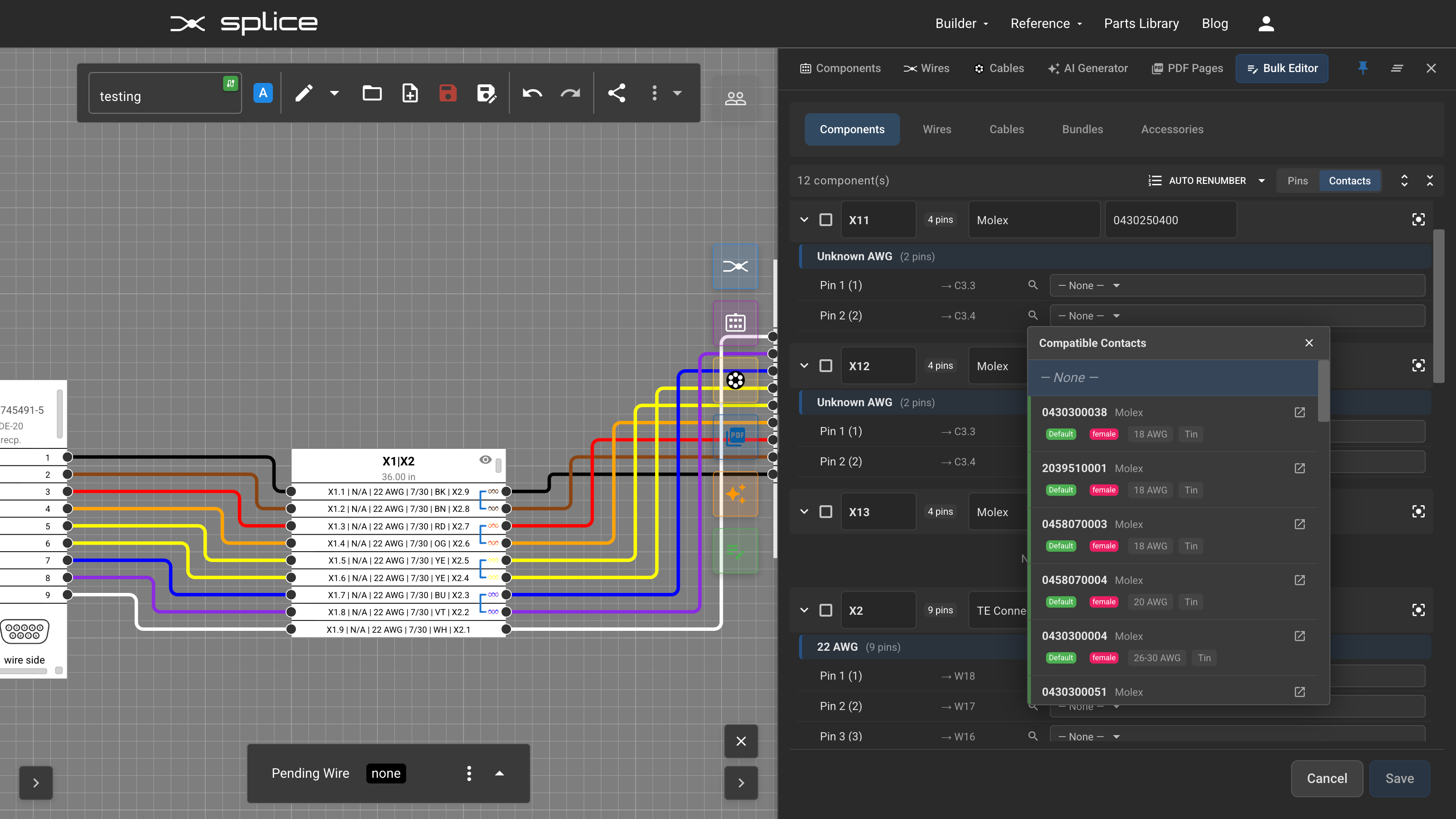 Bulk Edit Components - contact assignment view with AWG-grouped pins