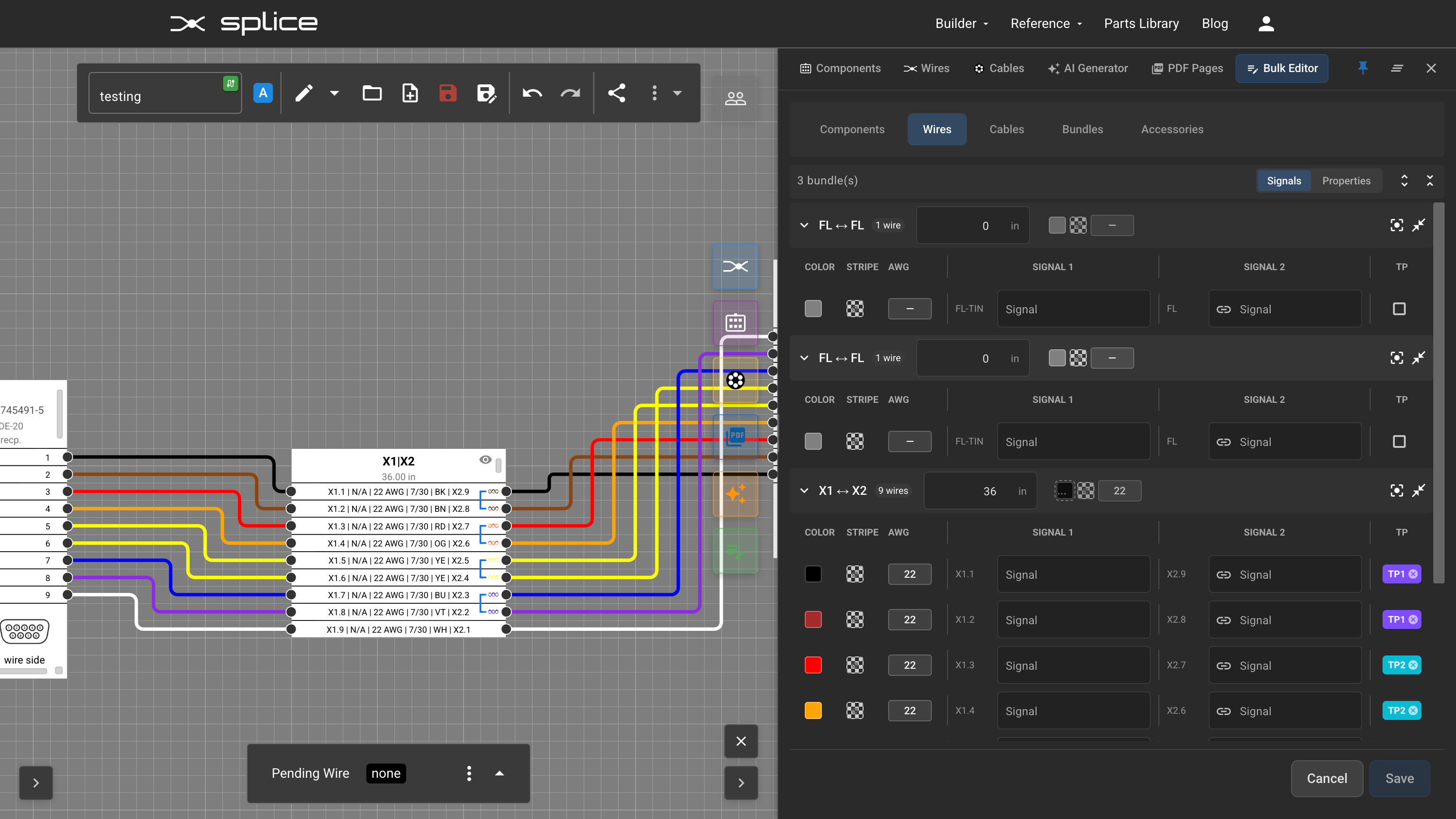 Wires tab Signals view showing bundles with editable signal labels and twisted pair groups.