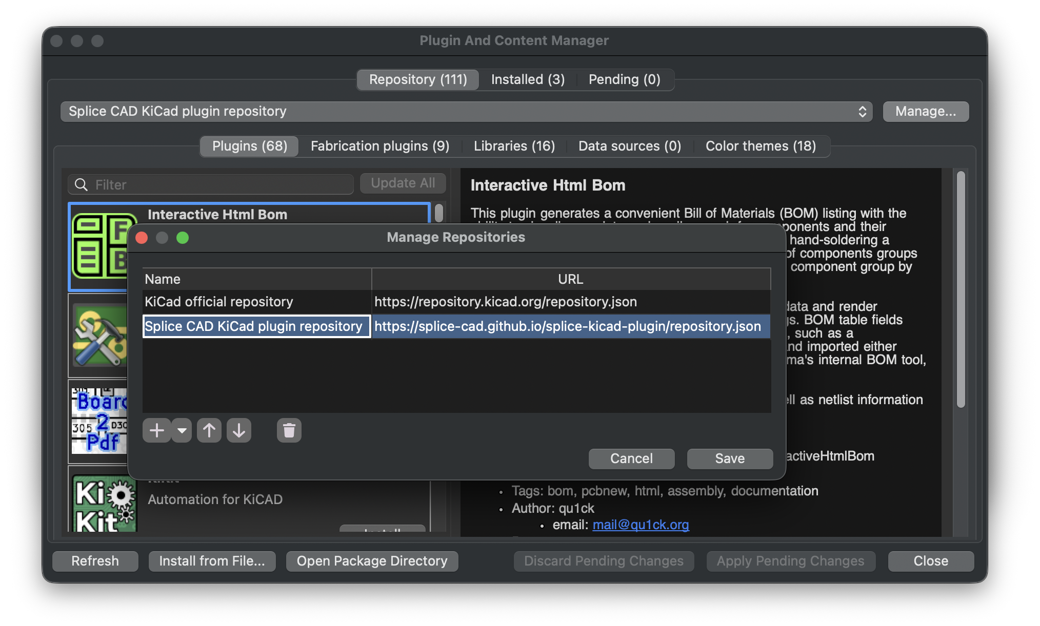 KiCad Plugin and Content Manager — Manage Repositories, with 'Splice CAD KiCad plugin repository' added alongside the KiCad official repository, pointing at the repository.json URL.