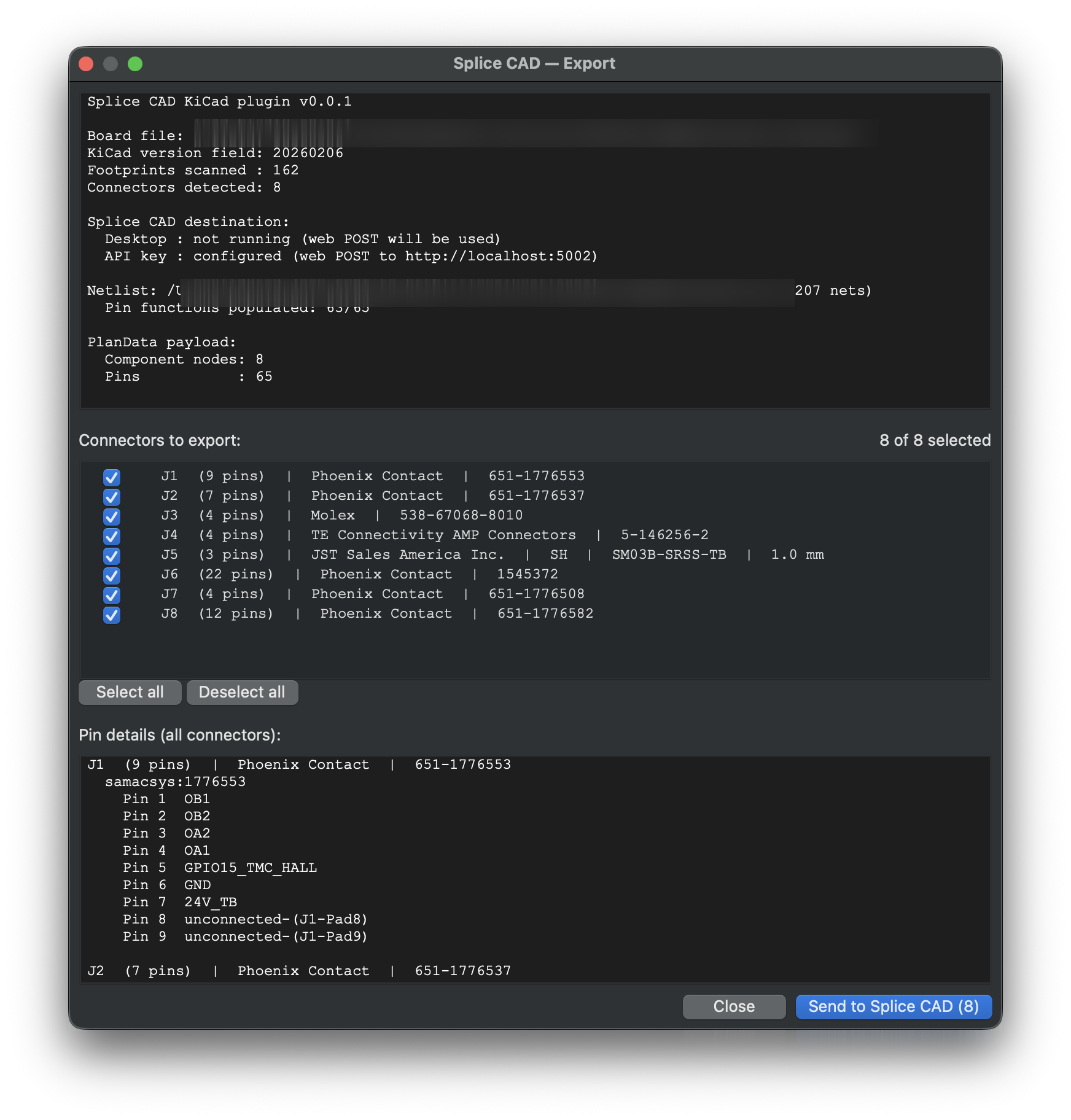 Splice CAD Export preview dialog: board summary, the J1–J8 connector checklist with manufacturer and MPN, and the per-pin signal table.
