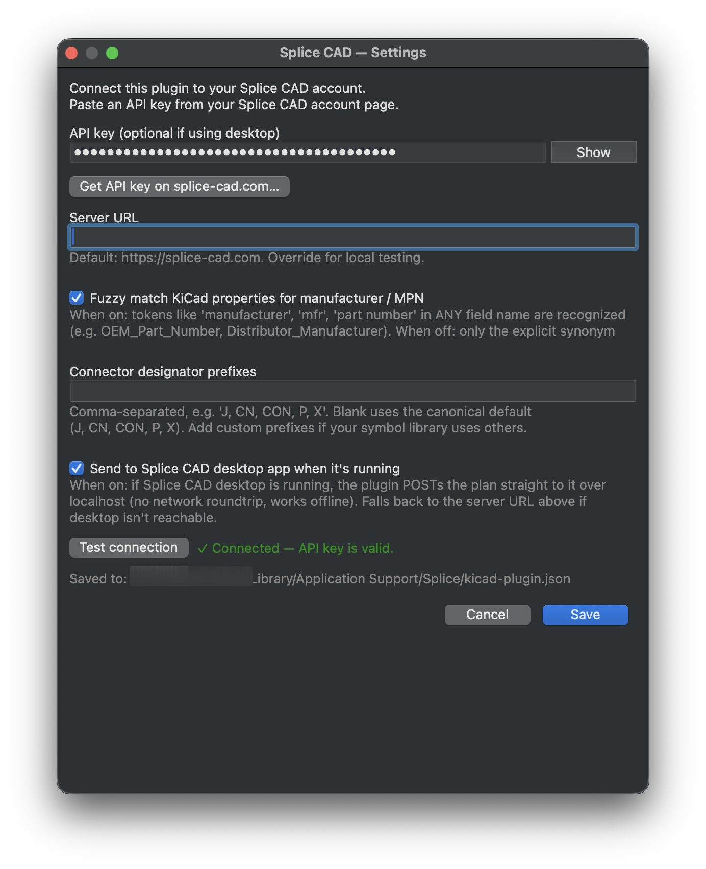 Splice CAD — Settings dialog: API key field with a 'Get API key on splice-cad.com' button, Server URL, fuzzy-match and connector-prefix options, the desktop-handoff toggle, and Test connection showing 'Connected — API key is valid'.
