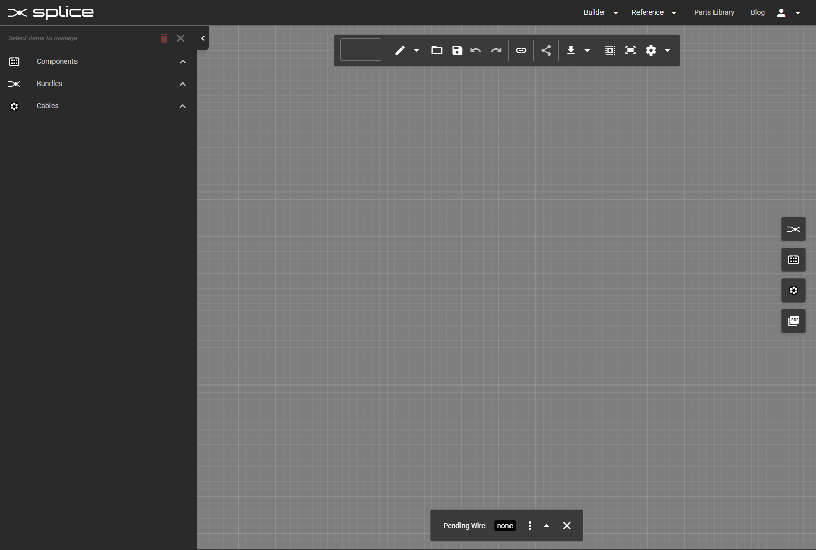 Splice interface showing BOM sidebar, canvas, and library buttons